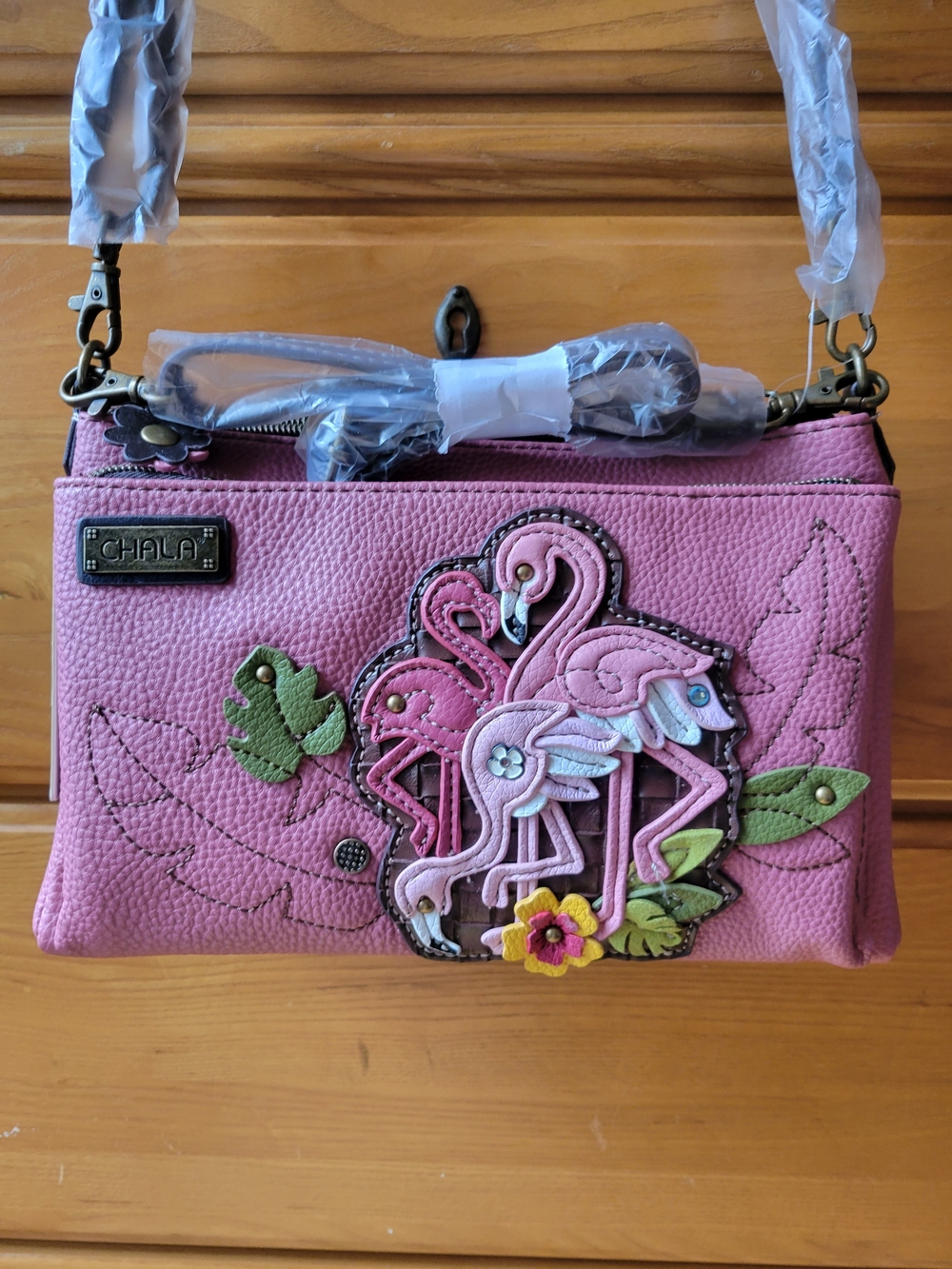Chala Deluxe Crossbody/Shoulder Vegan Leather Bag Pink Adorned w/ Flamingos